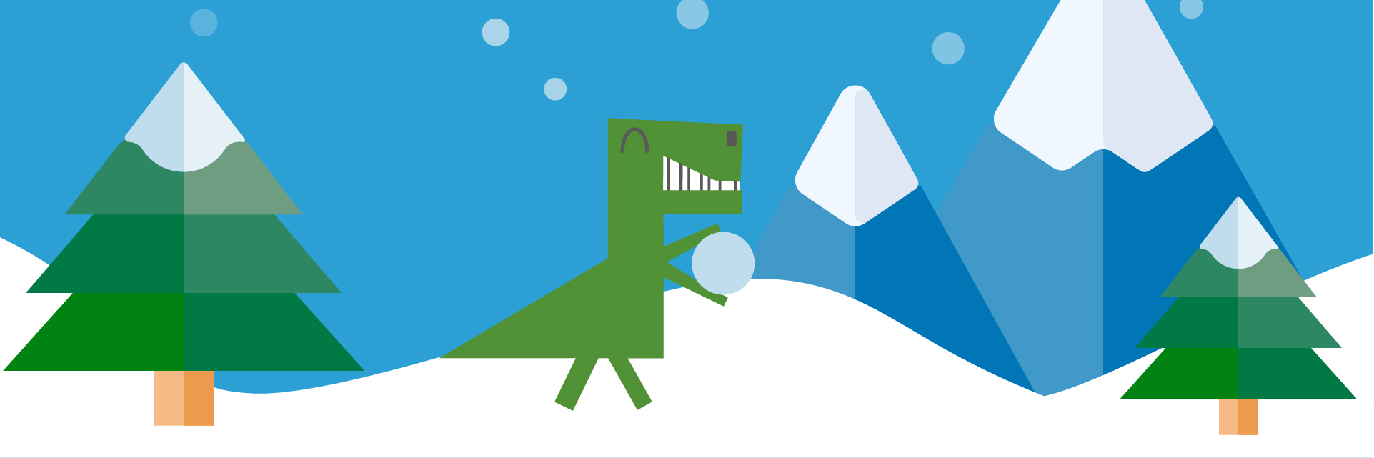 A cartoon image of the Code Playground dinosaur in a wintery snowscape holding a very large snowball.