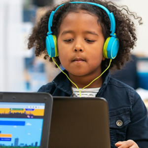 Young child wearing headphones
