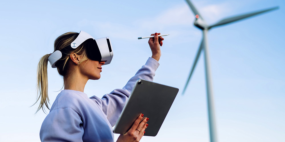 Engineer using VR kit in front of a turbine